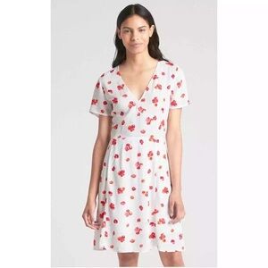 Gap White Short Sleeve A-Line Dress with Red Floral Design